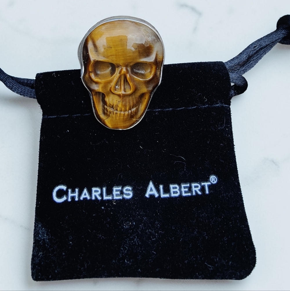 Charles Albert 950 Fine Silver Tigers Eye Skull Ring